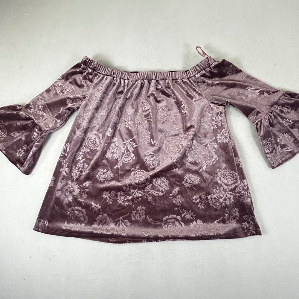 Current Project Floral Velvet Top Off Shoulder Bell Sleeve Blouse Mauve Small